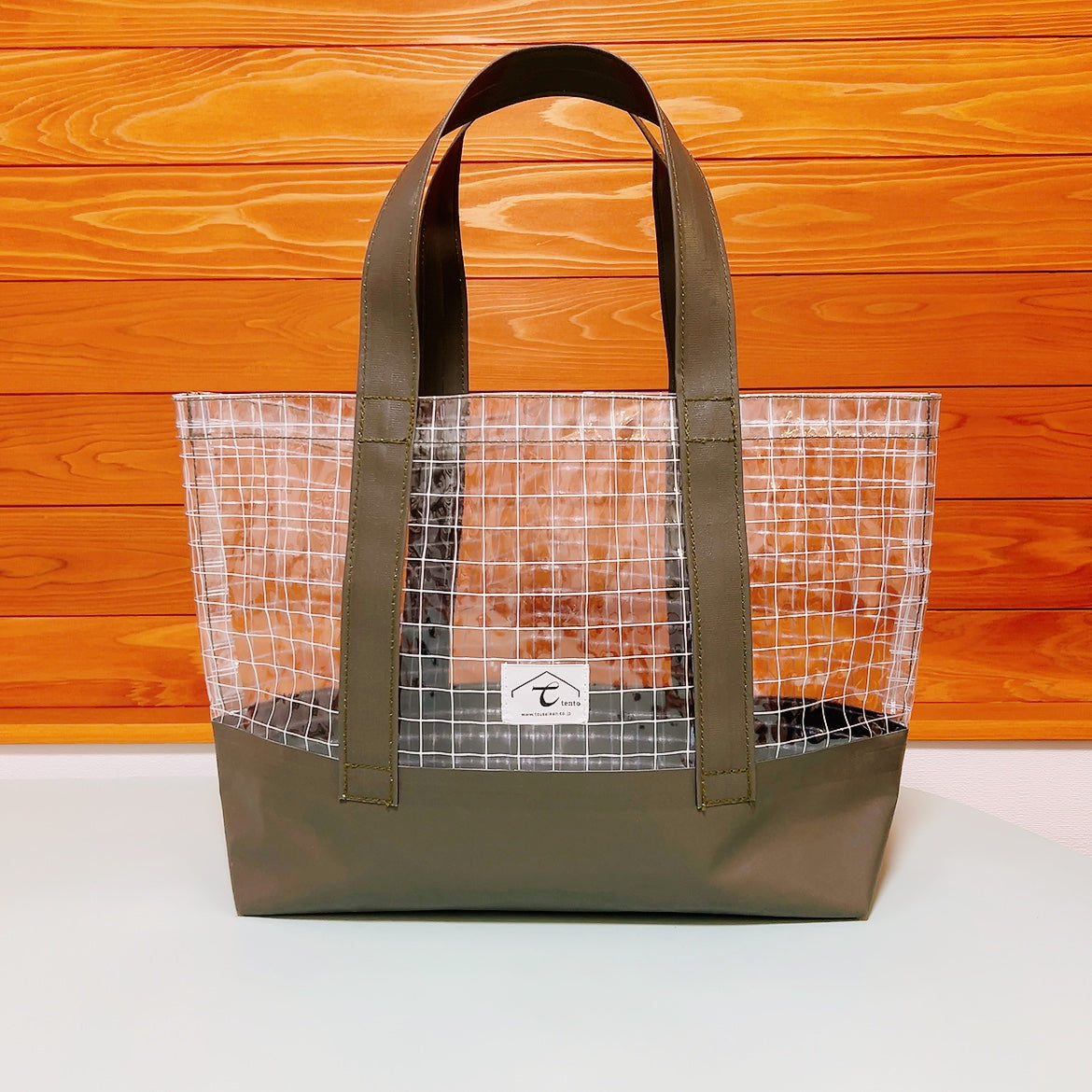 ★透明生地と帆布のトートバッグ 【大サイズ】（透明+カーキ）