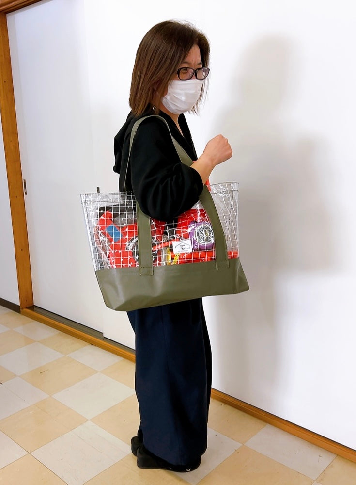 ☆透明生地と帆布のトートバッグ 【大サイズ】（透明+カーキ
